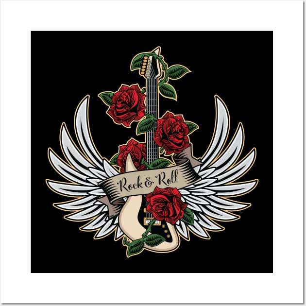 Guitar Wings Roses Rock and Roll Vintage Retro Music Design Wall Art by hobrath